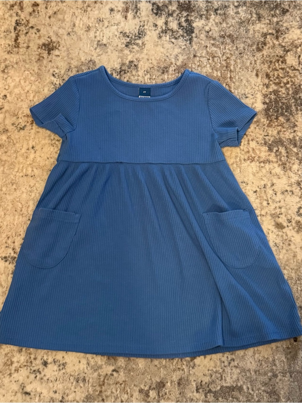Girls' Blue Ribbed Pocket Dress